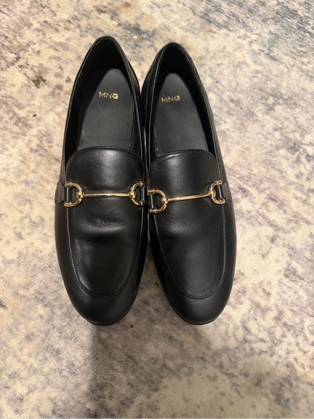 Mango Black Leather Loafers with Gold Horsebit Detail